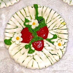 Set of 3 adorable strawberry and white daisies dessert plates. Signed-Martha 84